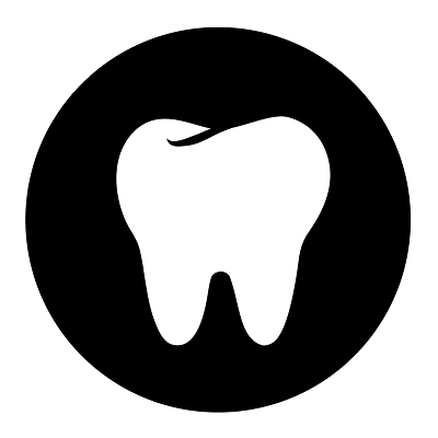 A solid black color circle and a white tooth inside the circle depicting dental logo design concept