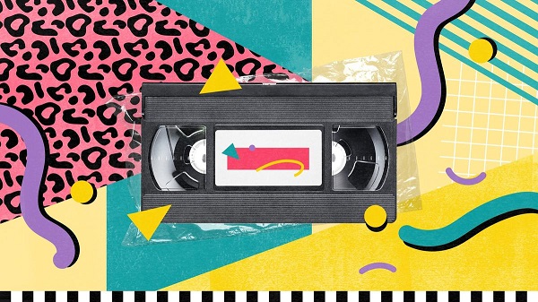 A video cassette surrounded by designs and patterns of various shapes and colours