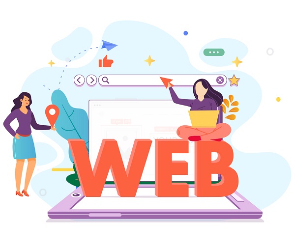 graphical representation of two women creating a website. The word Web is written in the middle on which one of the women is seated and icons of web design elements are seen.